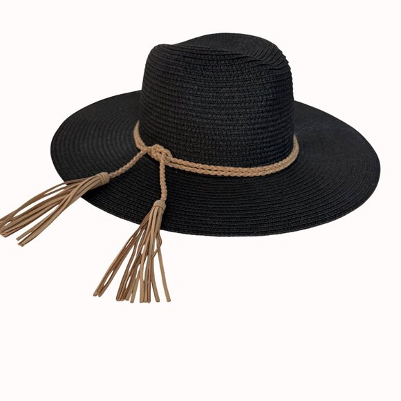 MudPie Wide Brim Sun Hat Boho Floppy Black Braided Band Tassels Beach Cruise main image 9